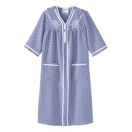 Women's Open Back Adaptive Nightgown with Quarter-Zip Front - No Peek Hospital Gown for Seniors - Blue Polka Dot LGE