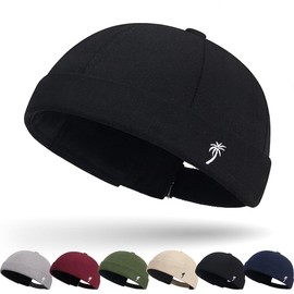 Cotton Docker Cap Sailor Hat Harbour Hat Original Docker Hat Men's Summer Brimless Hat Headwear Sailor Cap Men's Adjustable Cap Without Visor Retro Brimless Hat Rolled Cuff Fishing Hat, 2- Black, 58