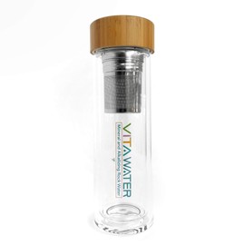 VitaWater Hot/Cold Glass Infuser Bottle with 2 VITA-Mineral Tea-BAG's. Purify, Mineralize, Alkalize, Magnetize, Energize and Infuse Your Water Bamboo LID Model (Bamboo Wood Lid)