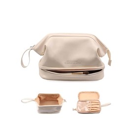 Summer Solid Color Double Layer Makeup Bag for Women for Summer Travel Use, Portable Large Capacity Cosmetic Storage Bag for Women, Portable Toiletry Bag for Back To School, Fall Outfits, Fall Freshness - Color: Cream, Size: Please Refer To The Pictures 
