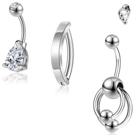 BodyAce 14G Belly Button Hoop Navel Rings, Gold Curved Barbells Silver Belly Clicker for Women, Stainless Steel Christina Piercing Cute Belly Jewelry [Silver]