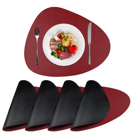 MIJOTEX Faux Leather Placemats Set of 4, Round Leather for Dinner Table Mats Heat Resistant Washable Insulation Coffee Mats Kitchen Place Mats (Burgundy/Black)