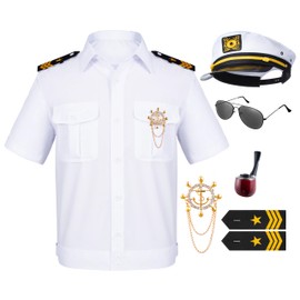 6PCS Men's Yacht Captain Sailor Costume Adult Shirt Hat Accessories Set Party Cosplay, White, Small