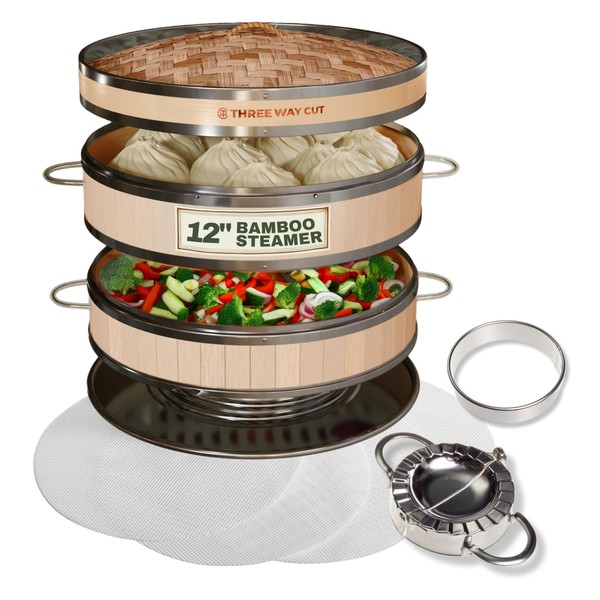 2-tier 12" Bamboo Steamer with Reinforcement & Handle, Reusable Silicone