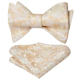 HISDERN Bow Ties for Men Champagne Gold Floral Self Tie Bow Tie and Pocket Square Ivory Formal Business Tuxedo Wedding Bowties Handkerchief Set