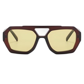 ADE WU Trendy Square Aviator Sunglasses for Women Vintage 70s Fashion Thick Double Bridge Hexagon Sun Glasses Aviator Style (Brown Frame/Kahaki Lens)