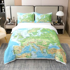 100% Natural Cotton World Map Comforter Cover Single,Blue Ocean Bedding Set for Kids Boys Girls,Map Of Various Countries Duvet Cover Abstract Art Quilt Cover Breathable Bedroom Decor