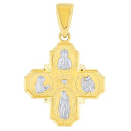 Jewelry America Solid 14K Yellow Gold Dainty Four Way Cross Charm with God Bless You Pendant, Yellow Gold