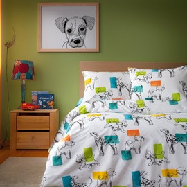 LERUUM Kids Single Duvet Cover Set for Boys Girls Children Cotton Cute Bedding Reversible Cartoon Puppy Animal Lovely Single Bed Set 135 x 200 cm (Single Bedding Set)