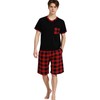 LANBAOSI Mens Short Pyjamas Set V-Neck T-shirt and Plaid Shorts