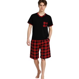 LANBAOSI Mens Short Pyjamas Set V-Neck T-shirt and Plaid Shorts with Pockets Loungewear Breathable and Comfortable Sleepwear Pjs Set Red
