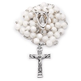 Mondo Cattolico Rosary Beads catholic for Women and Men from Vatican, Traditional Rosary with Mother of Pearl Beads, a Sacred Heart Centre Medal and Holy Spirit Crucifix