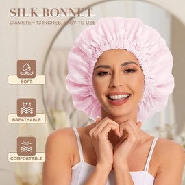 Woakess Gorro De Seda para Dormir Gorro Saten Pelo Rizado, Silk Bonnet Gorro De Satén De Doble Capa Ajustable para Dormir, Gorro De Noche para Mujer (Pink, Extra Largo)