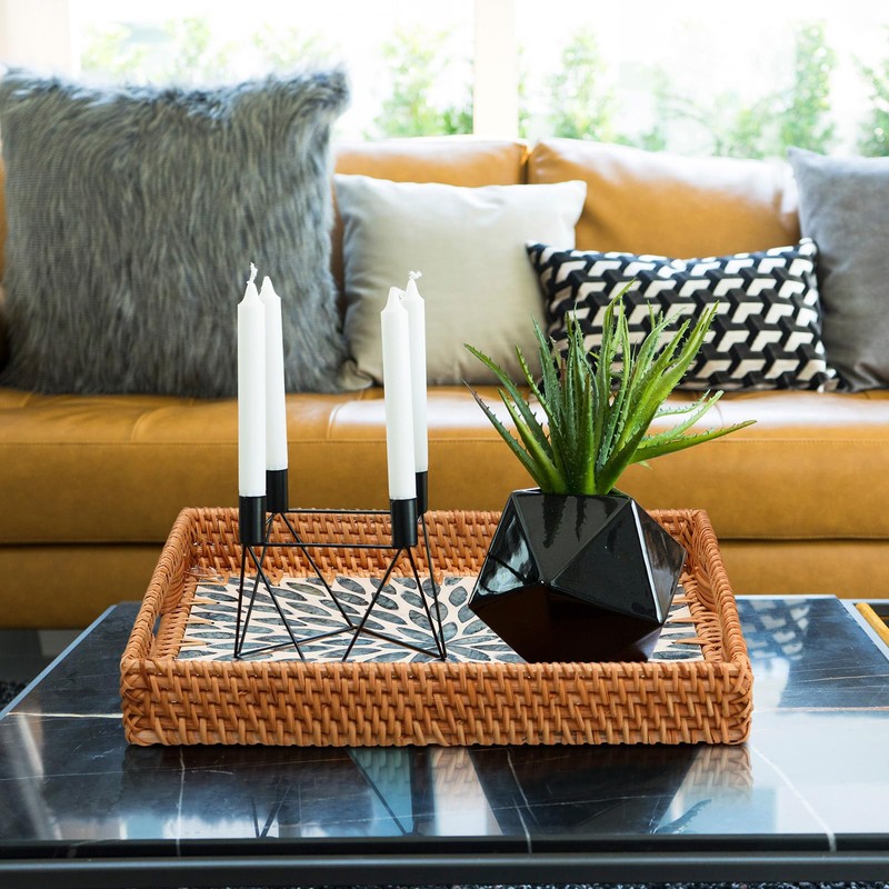 Tiangrid Rattan Tray with Mother of Pearl Inlay, Mosaic Rattan