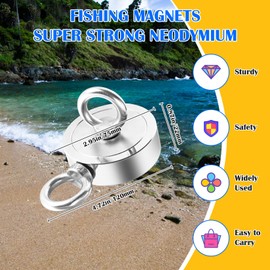 VNDUEEY Magnet Fishing Kit, 1000 LBS Strong Fishing Magnets Kit - Includes Grappling Hook, Heavy Duty 65FT Rope, Gloves, Locking Carabiner - Magnet for Retrieving in River Lake-2.95inch