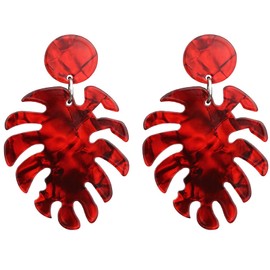 Colorful Acrylic Statement Palm Leaf Earrings Resin Tropical Plant Monstera Leaves Drop Dangle Lightweight Earrings Minimalist Jewelry for Women-red