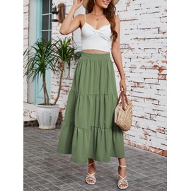Arolina Maxi Skirt for Women Summer Boho Elastic High Waist Pleated A-Line Flowy Ruffle Swing Tiered Long Beach Skirt Dress Light Army Green