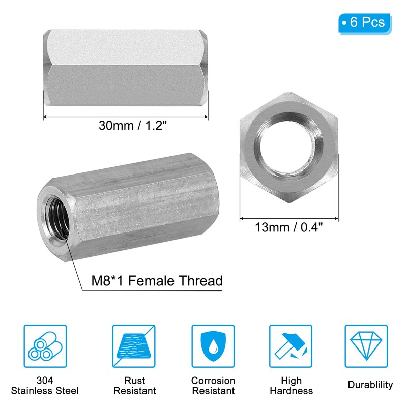 PATIKIL M8 x 1-Pitch 304 Stainless Steel Hex Coupling Nuts,