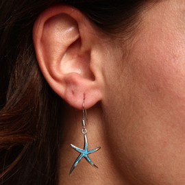 Sterling Silver Created Blue Opal Starfish Dangling Earrings