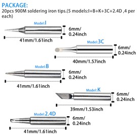 20Pcs 900M Soldering Iron Tips Lead-Free Soldering Iron Tips for Hakko, Radio Shack, Yihua Solder Station（Model：I/3C/B/K/2.4D）