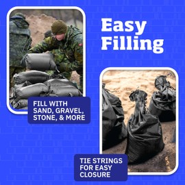 DURASACK Heavy Duty Sand Bags with Tie Strings Empty Woven Polypropylene Sand-Bags for Flood Control with 1600 Hours of UV Protection, 50 lbs Capacity, 14x26 inches, Black, Pack of 10