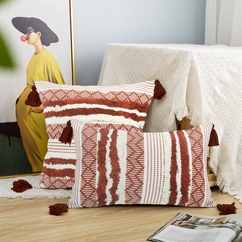 LIGICKY Decorative Boho Throw Pillow Covers, Red and White, 45