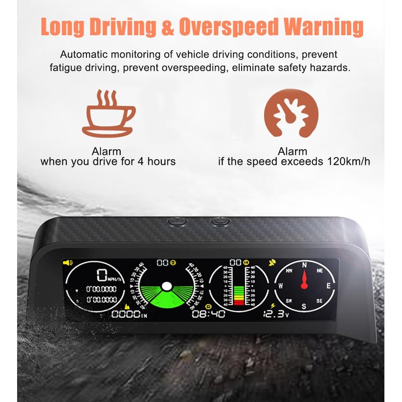 Car Inclinometer for Off-Road Driving Digital GPS Speedometer HUD, Multi-Functional