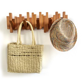 Acsigesn Wooden Coat Rack Wall Mounted Sticks Multi Rack Solid Handmade Natural Cherry Wood Artwork with 6 Flip-Down Unique Modern Hooks for Coats Bag Hat Umbrella