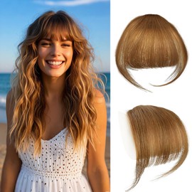 Clip-In Real Hair 100% Hairpiece Real Hair Clip in Bangs with Temple Remy Real Hair Fringe Air Bangs for Women (Light Brown)
