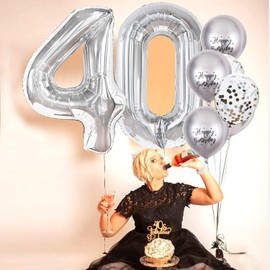 Number 40 balloons Silver，40 Balloons Birthday Boy Girl,40Inch Foil Number 4 & 0 Balloons with 6 Silver Metal and Confetti Helium Balloons for 40th Year Old Birthday Decorations