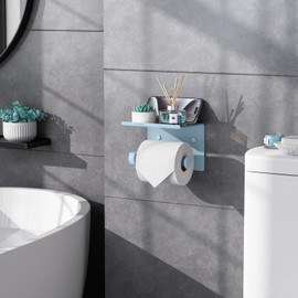 Tindbea Toilet Paper Holder with Phone Shelf, Adhesive or Screw Wall Mount Toilet Tissue Roll Holder, Rustproof & Multifunctional Stainless Steel Bathroom Storage Dispenser (Ice Blue)