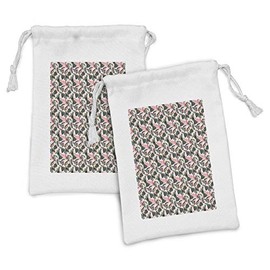 Ambesonne Forest Fabric Pouch Set of 2, Tropical Foliage Monstera Areca Palm Leaves Hawaiian Exotic Jungle, Small Drawstring Bag for Toiletries Masks and Favors, 9" x 6", Pale Pink and Dark Green