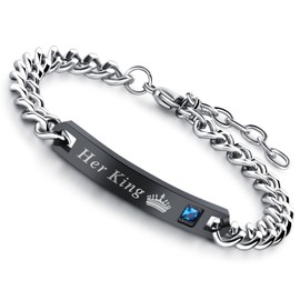 Flongo One Pair of Stainless Steel Bracelets with Zirconia Text Engraving, Love Vows, Rose Gold and Black Partner Bracelets, Love Jewellery, Gifts for Valentine's Day, Birthdays, Anniversaries, Cubic