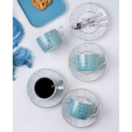 Jusalpha Porcelain Tea Set-Service of 4- Modern Elegant Mint Green Tea Cup and Saucer Set-Coffee Cup Set with Saucer and Spoon,TCS15 (4) (Blue)
