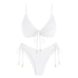 ZAFUL Women's Triangle Bikini Set O Ring Tie String Two Piece Swimsuit 2025 Smocked High Cut Bathing Suit White