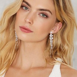 EleQueen Sparkle Pearl Cubic Zirconia Long Chain Dangle Earrings for Women, Chandelier Jewelry for Wedding Bridal Clear Silver-Tone