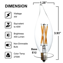FANNIS 12 Pack C32 Flame Tip LED Bulb, 4W Equals 40W, Warm White 2700K Filament Edison Bulb, E12 Base Vintage Clear Glass Candle Light Bulb for Pendant Chandelier Ceiling Fan Candelabra Light
