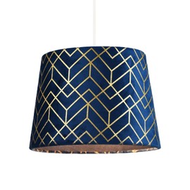 Modern Navy Blue Velvet Lamp Shade with Geometric Design in Metallic Gold Foil Lines | 25cm x 18cm | Inner Navy Blue Cotton Lining by Happy Homewares
