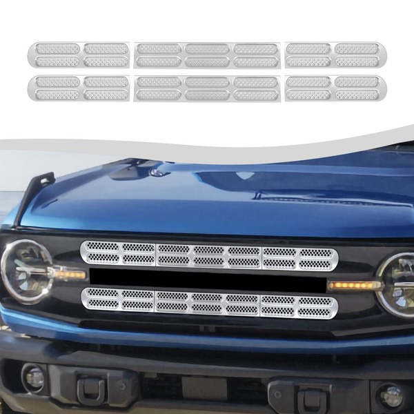 SQQP Front Grill Insert Mesh Grille Inserts Cover Kit 6Pcs Compatible with Ford Bronco 2021 2022 2023 2/4 Door Exterior Accessories (Silver)