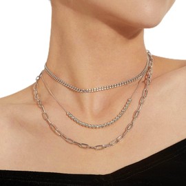 TseenYi Silver Layered Necklace Boho Beads Layered Necklace Multilayer Paper Clip Chain Necklace Choker Chain Jewellery for Women and Girls Gifts