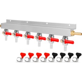 Dbgogo Gas Manifold, 6-Way Co2 Gas Distributor 5/16” Bard Fitting Kegerator Co2 Splitter Beer Keg Air Distributor Co2 Manifold with Integrated Check Valves & Hose Clamps