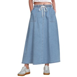 luvamia Denim Skirts for Women Trendy A Line Long Maxi Pull On Elastic Waist Drawstring Stretchy Jean Skirt with Pockets Western Skirts for Women Cool Blue Size Medium Fits Size 8-10