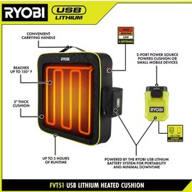 RYOBI USB Lithium Cordless Heated Cushion Kit with (2) 2.0 Ah Batteries and Charging Cable