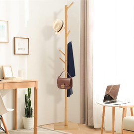 YheenLf Coat Rack Freestanding with Stable Square Base for Cloathes, Hat, Used in Bedroom, Office and Entryway, Sturdy and Easy Assembly Coat Tree with 3 Adjustable Sizes and 8 Hooks, Natural