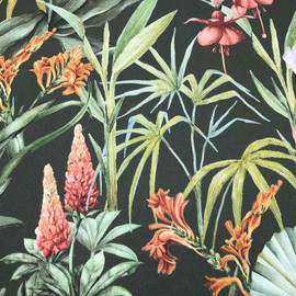 Kt KILOtela Half Panama Canvas Fabric Digital Print - 100% Cotton - Width 280cm - Choose Length 50 by 50cm - Tropical Flowers - Pink, Orange, Green, Black - Sold by the Metre