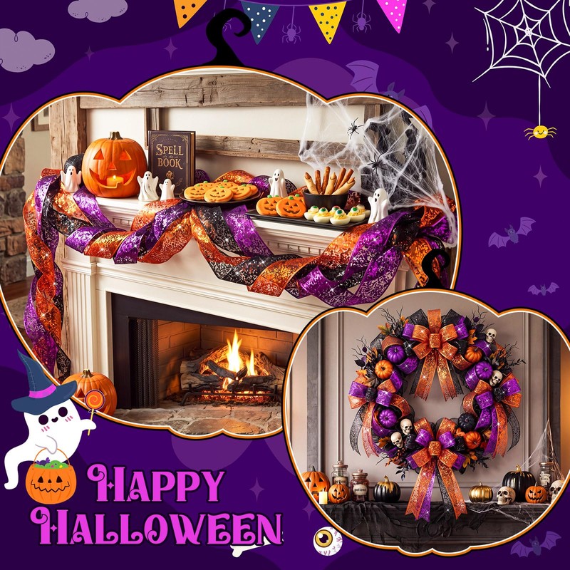 3 Rolls Purple Black Orange Glitter Mesh Wired Ribbon Halloween