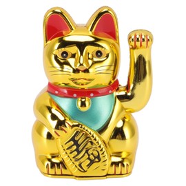 Lucky Fortune Cat, Japanese Waving Arm Feng Shui Figurine, Battery Operated Gold Wealth Health Welcoming Ornament for Home Restaurant Hotel (5in Golden)