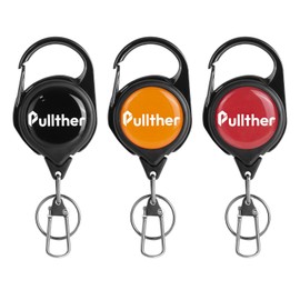 Pullther Reel Keychain, Pin-on Reel, Key Reel, with Carabiner, Anti-Loss, Telescopic Reel, Maximum Length 25.6 inches (65 cm), Pack of 3