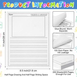 200 Sheets Kindergarten Writing Paper Writing Paper for Kids Story, Back to School Supplies Bulk Primary Notebook with Picture Space and Lines 8.5 x 11 Inches Handwriting Papers for Creating