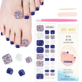WOKOTO Semi Cured Gel Nail Strips For Toenails, 16 Size 32 Tips Blue Flower Glitter Toe Nail Polish Strips With Nail File & Wooden Stick, Works With Lamps, Salon-Quality, Long Lasting, Easy To Use